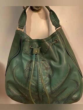 Y2K Vintage Cole Haan Teal Leather Drawstring brass studded Hobo Bag Boho fairy